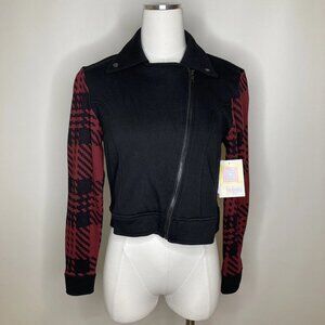 LuLaRoe NWT Presley Moto Jacket Sz Small Dark Red & Black Houndstooth